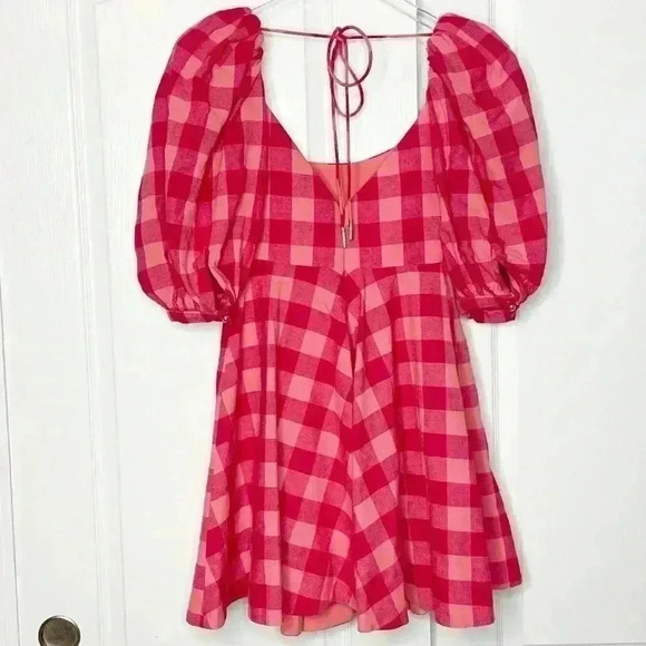Acler Pink and Red Gingham Puff-Sleeve Mini Dress - Picture 6 of 14